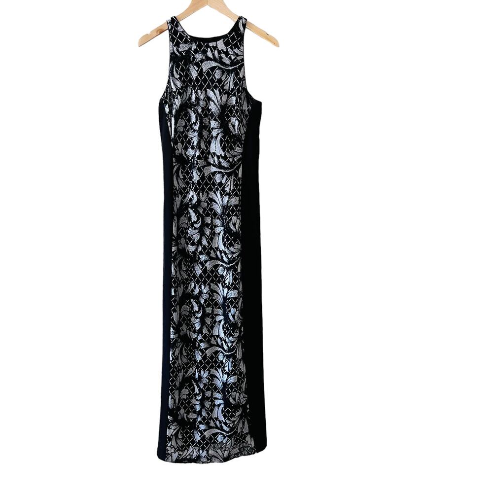 Badgley Mischka Embroidered Sequin Front Black sleeveless Maxi Dress Size 2 - Picture 9 of 9